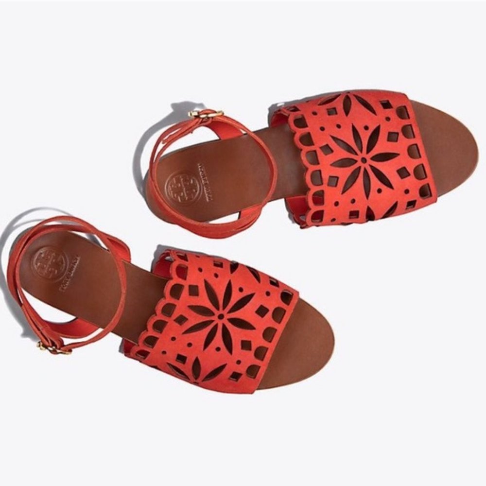 Tory Burch May Perforated Leather Wrapped Ankle Strap Sandals in Poppy Orange